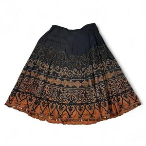 Vintage boho paisley appliqué midi skirt with bronze metal coin trim